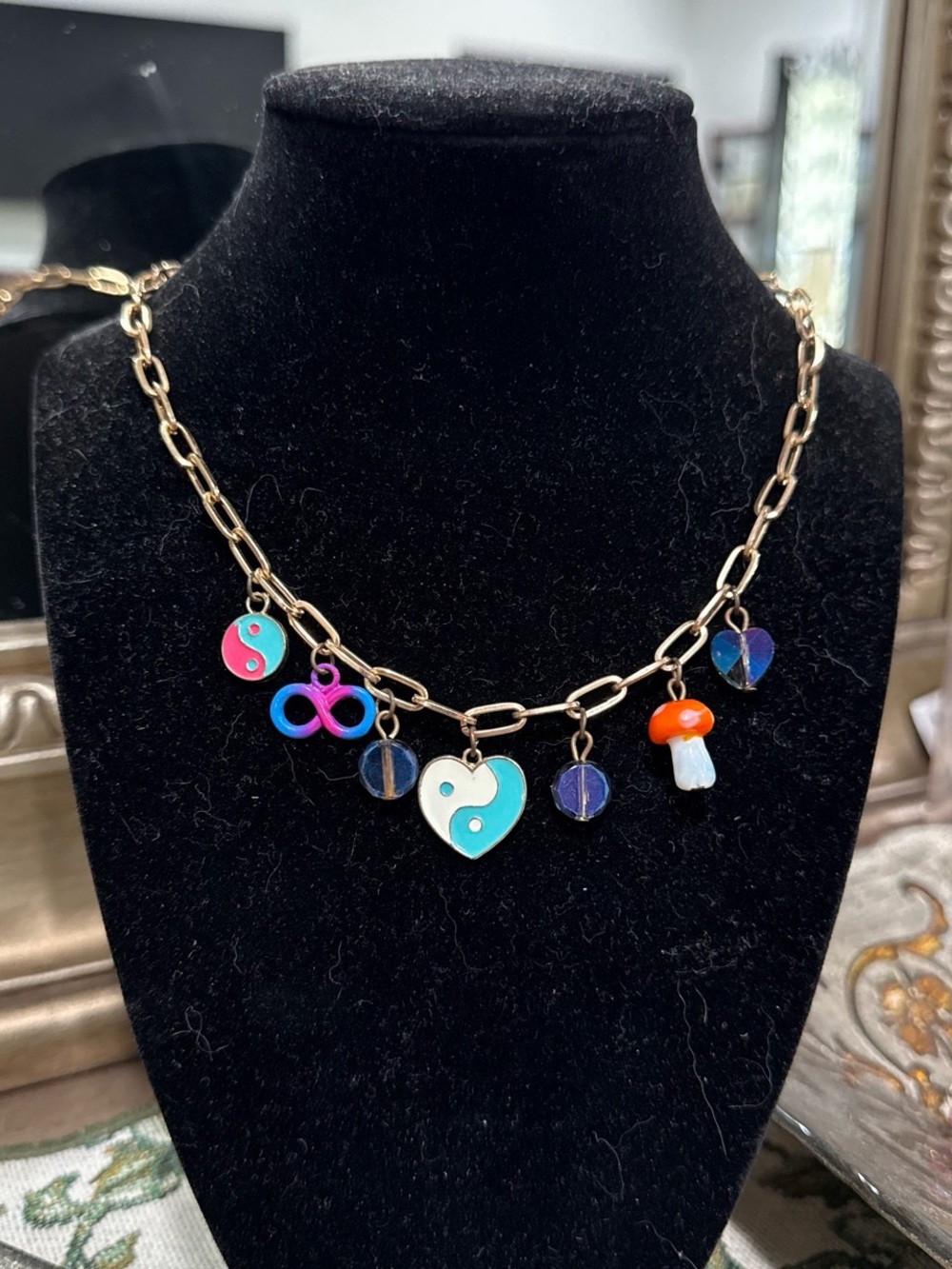 Gold Chain Charm Necklace with Turquoise Yin Yang Heart and Mushroom Charm